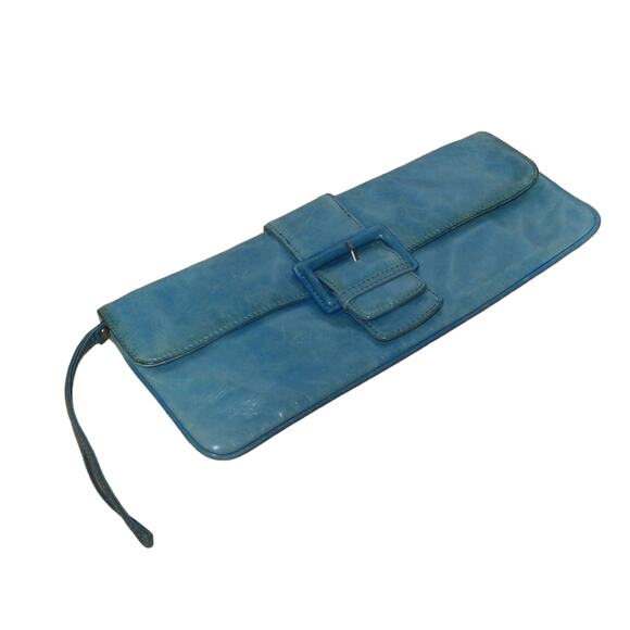 HOBO International Distressed Turquoise Buckle Leather Clutch Wristlet Handbag - Picture 1 of 16